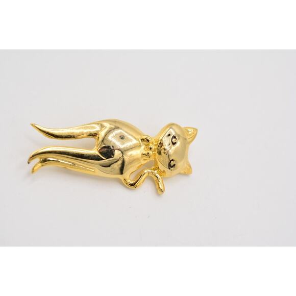 Vintage Cat Pin Brooch Pretty Gold Tone Shiny Metallic 1980s BinAJ - Picture 3 of 12